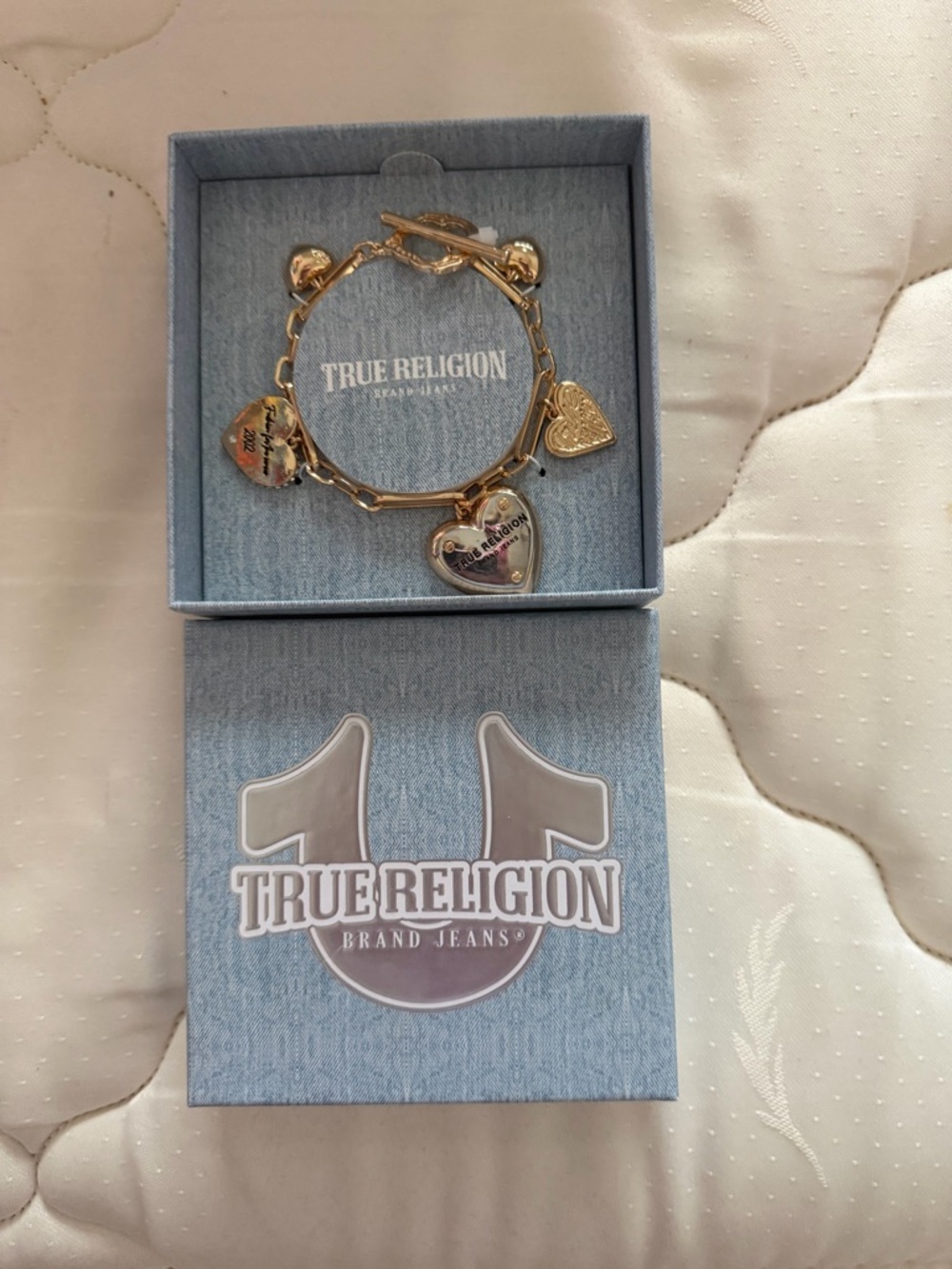 True Religion Gold Heart Charm Link Bracelet